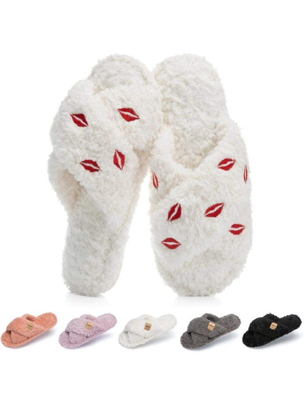Women's Red Lips Cozy Cross Band Indoor and Outdoor Fuzzy Open Toe Slipper Shoes